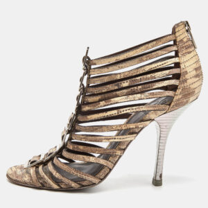 Tory Burch Beige Snakeskin Embossed Nubuck Leather Gladiator Buckle Sandals Size 37