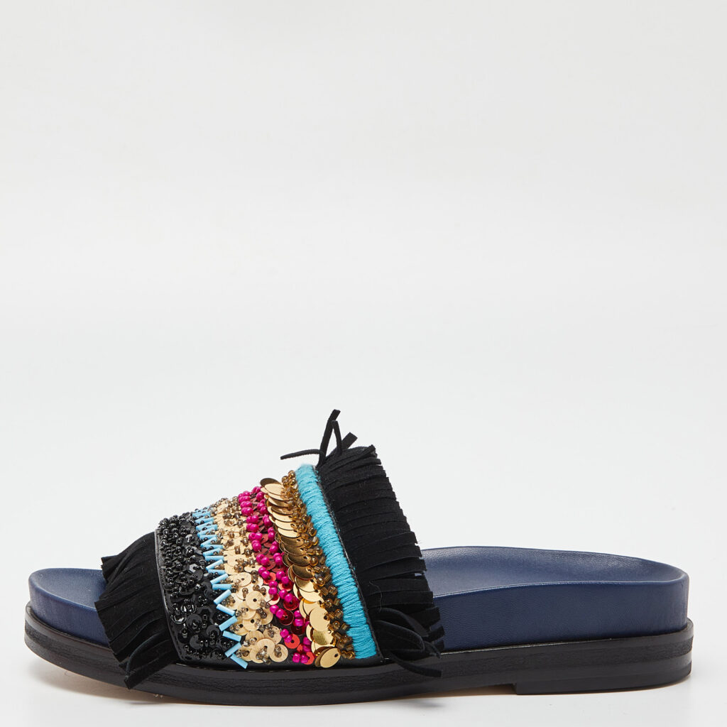 luxury-women-tory-burch-used-shoes-p853225-010 Tory Burch Black/Navy Blue Leather Embellished Isle Sildes Size 37.5