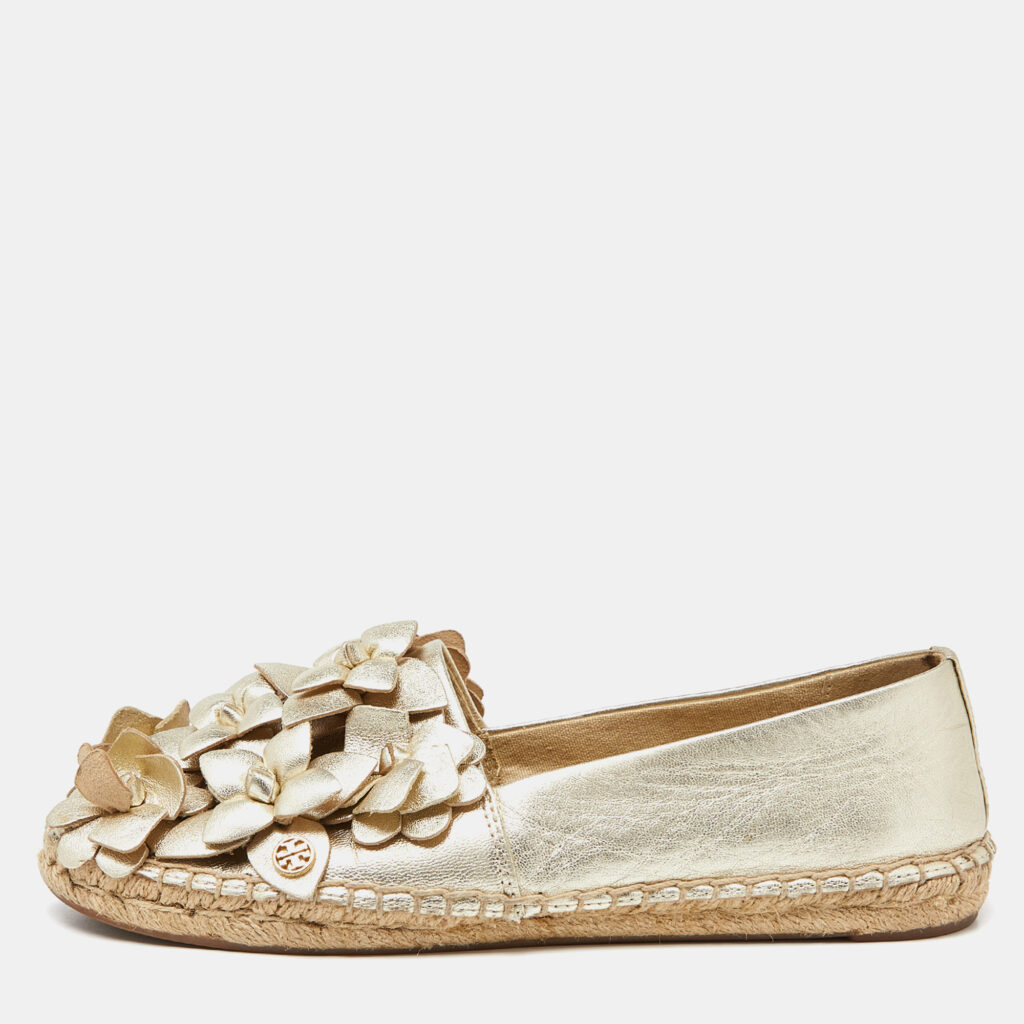 luxury-women-tory-burch-used-shoes-p879300-001 Tory Burch Gold Leather Blossom Espadrille Flats Size 36.5