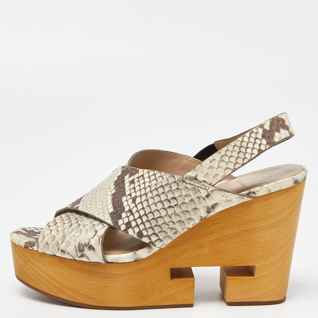 luxury-women-tory-burch-used-shoes-p885350-002 Tory Burch Beige Python Embossed Cork Wedge Strappy Platform Sandals Size 38.5