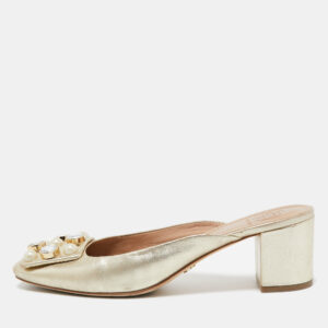 Tory Burch Gold Leather Vail Block Heel Mules Size 37.5