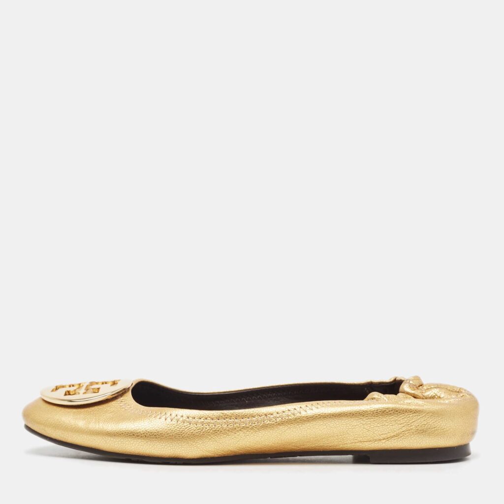 luxury-women-tory-burch-used-shoes-p902475-003 Tory Burch Gold Leather Reva Scrunch Ballet Flats Size 38.5