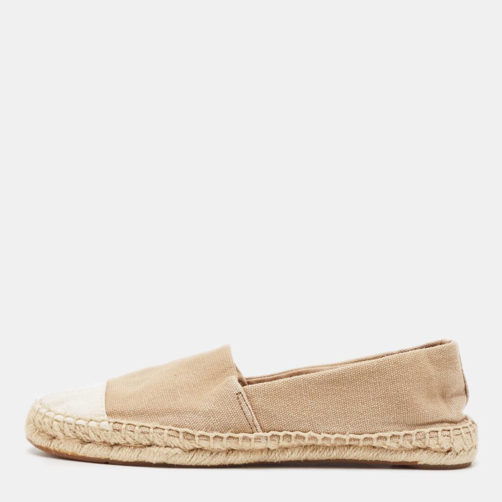 luxury-women-tory-burch-used-shoes-p909101-003 Tory Burch Beige/White Canvas Cap Toe Espadrille Flats Size 37