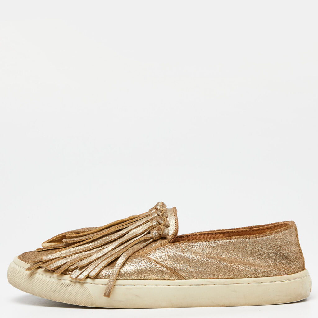 luxury-women-tory-burch-used-shoes-p909535-009 Tory Burch Gold Textured Suede Fringe Detail Slip On Sneakers Size 37.5