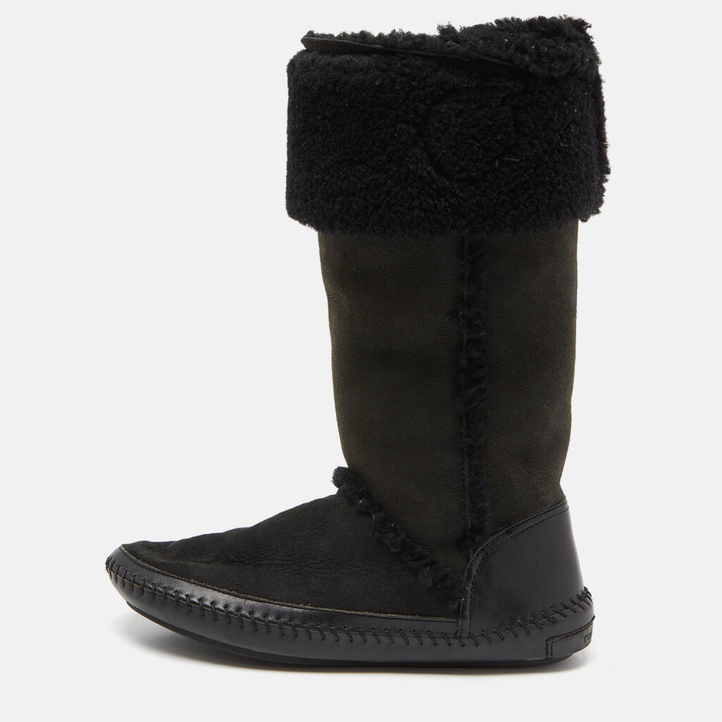 luxury-women-tory-burch-used-shoes-p918197-010 Tory Burch Olive Green/Black Suede and Leather Knee Length Snow Boots Size 39