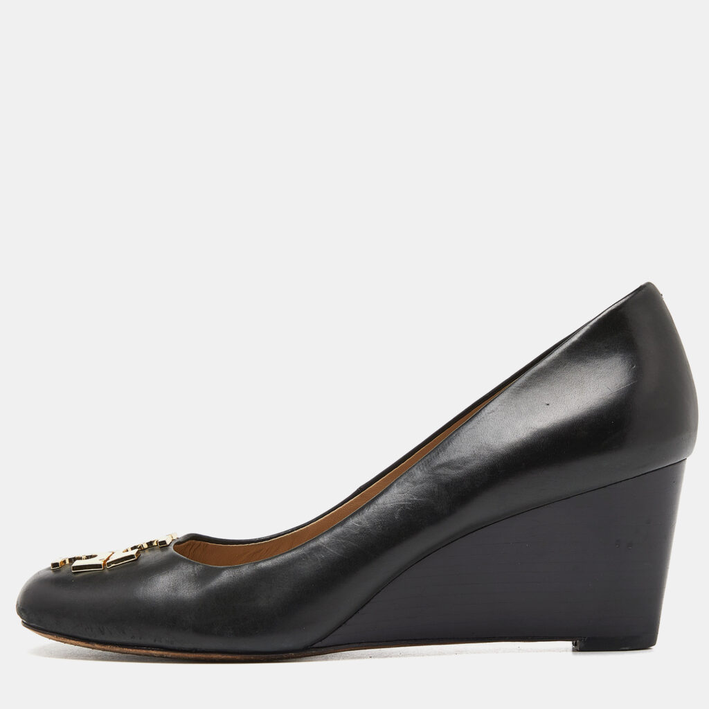 luxury-women-tory-burch-used-shoes-p922286-010 Tory Burch Black Leather Wedge Pumps Size 36.5