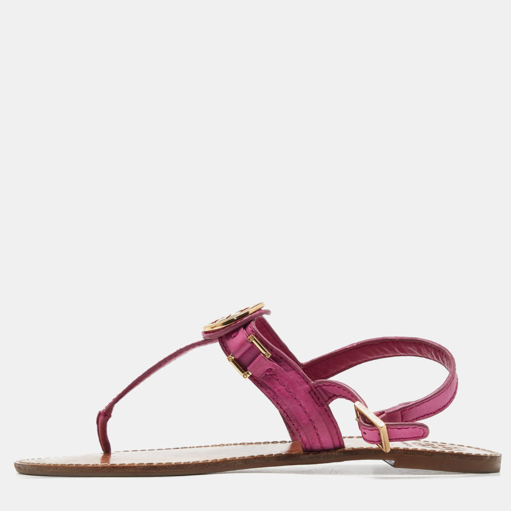 luxury-women-tory-burch-used-shoes-p923842-009 Tory Burch Pink Leather Logo Detail Thong Slingback Flat Sandals Size 41