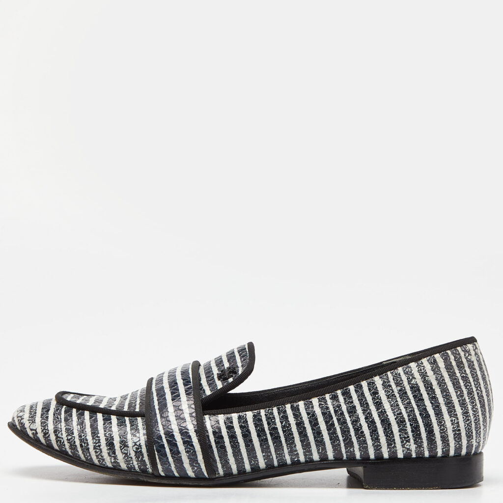 luxury-women-tory-burch-used-shoes-p926123-009 Tory Burch Blue/White Stripe Snakeskin Embossed Leather Smoking Slippers Size 38