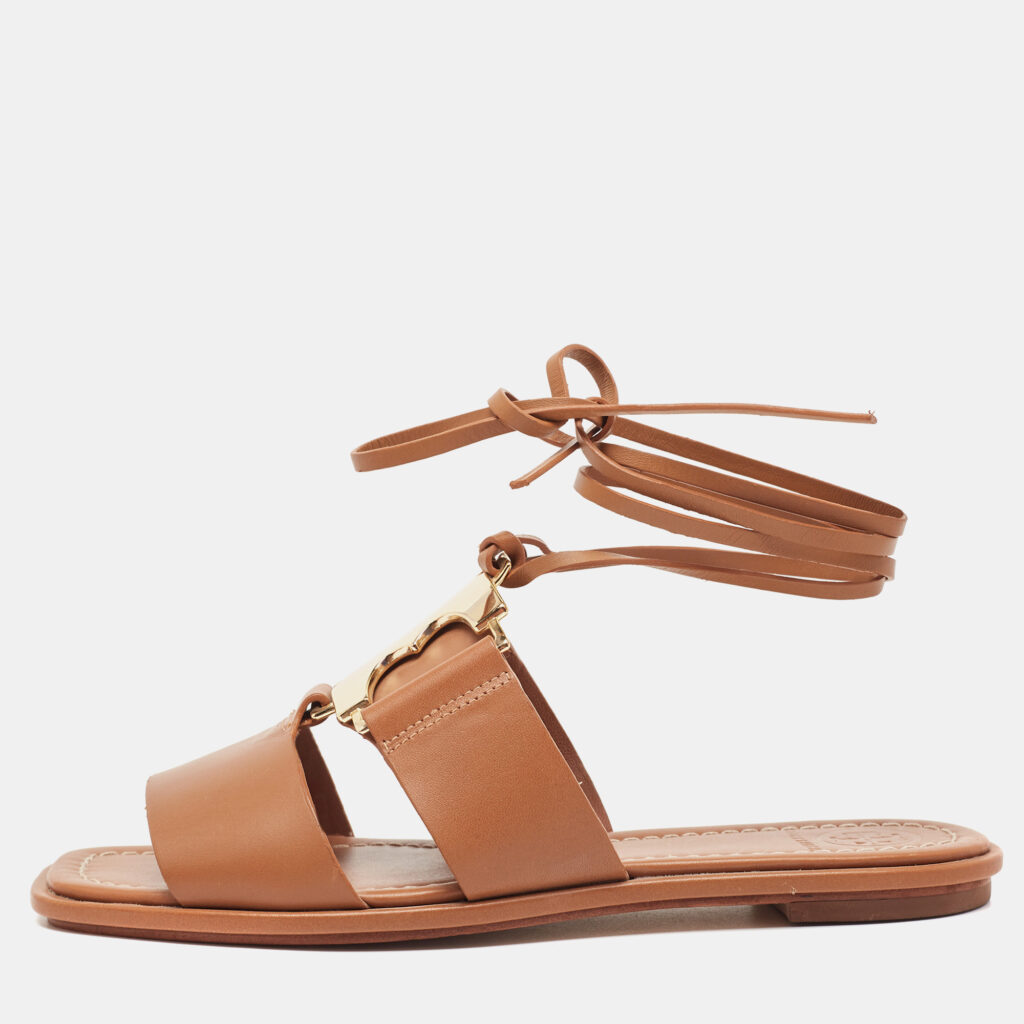 luxury-women-tory-burch-used-shoes-p931468-001 Tory Burch Brown Leather Gemini Link Flat Sandals Size 37.5