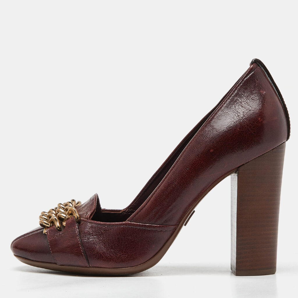 luxury-women-tory-burch-used-shoes-p932056-010 Tory Burch Burgundy Leather Chain Detail Block Heel Pumps Size 39.5