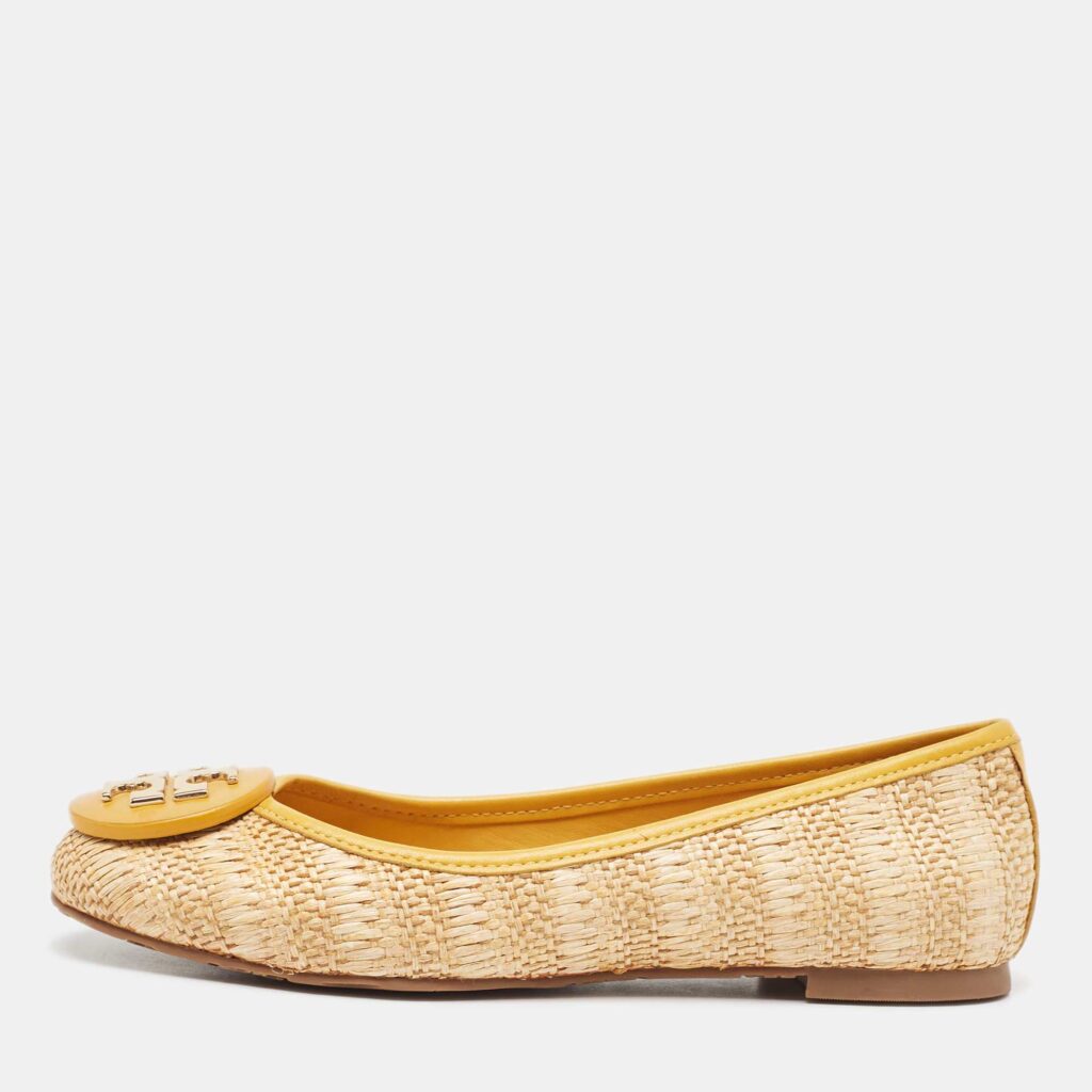 luxury-women-tory-burch-used-shoes-p936982-003 Tory Burch Beige/Yellow Raffia and Leather Reva Ballet Flats Size 35.5