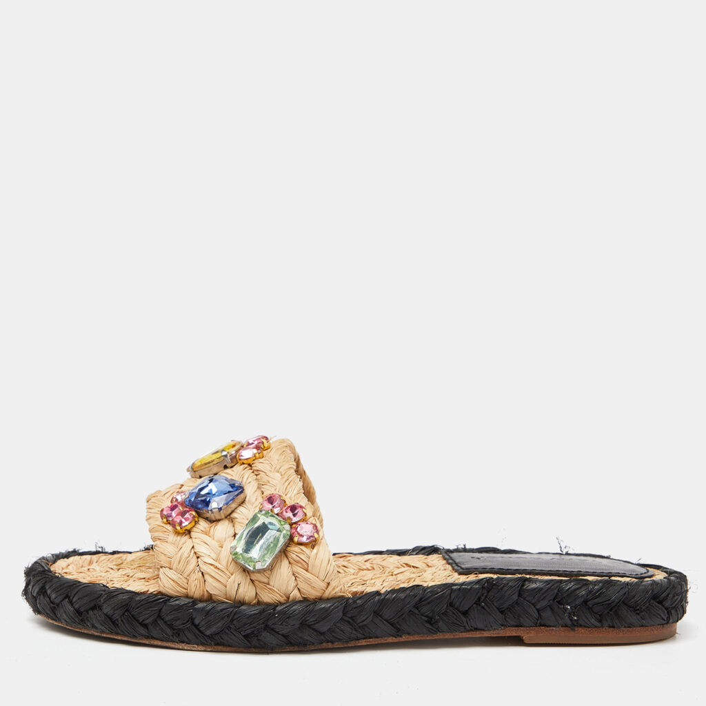 luxury-women-tory-burch-used-shoes-p938362-010 Tory Burch Beige Raffia Crystal Embellished Flat Slides Size 36.5