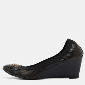 Tory Burch Black Leather Jolie Wedge Cap Toe Pumps Size 40