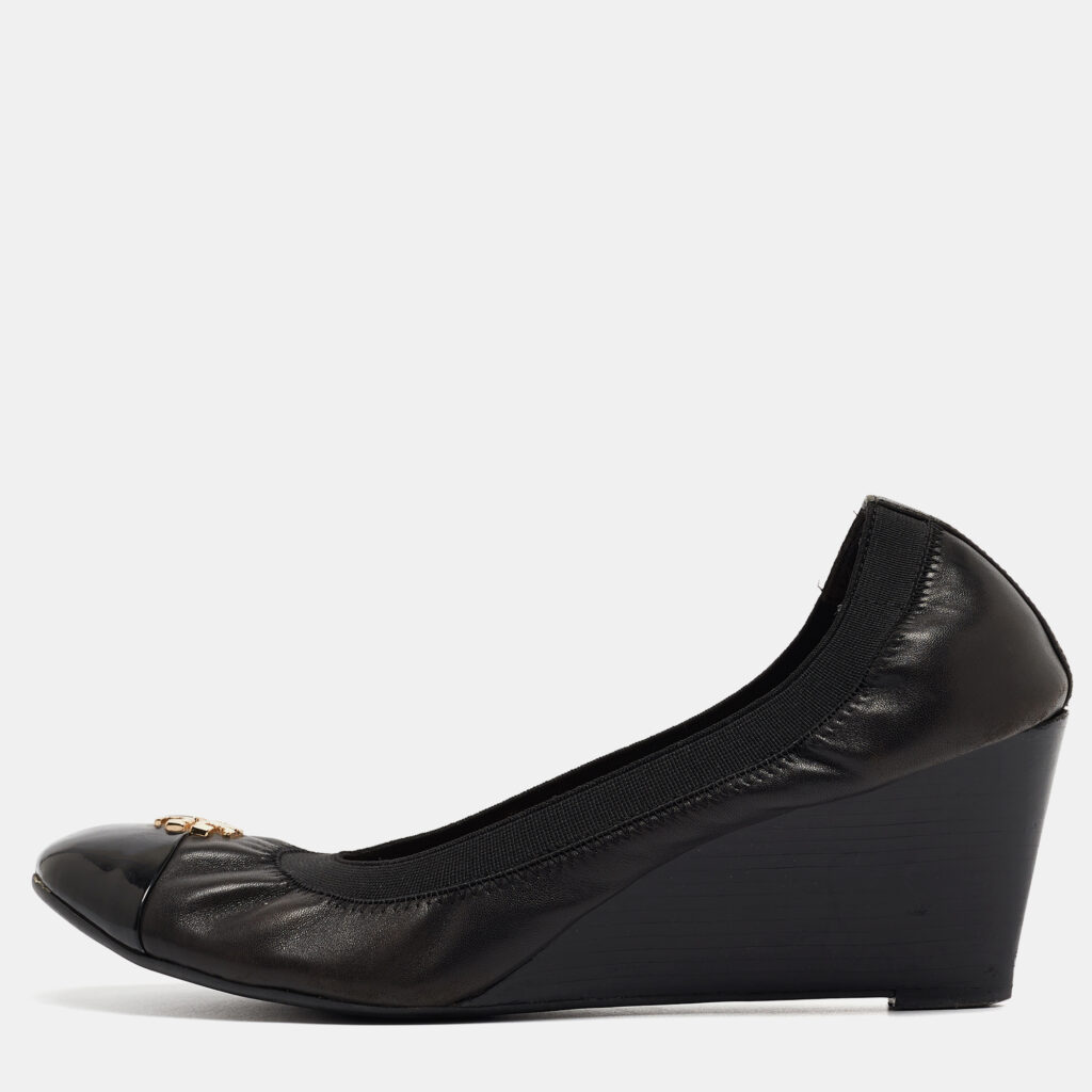 Tory Burch Black Leather Jolie Wedge Cap Toe Pumps Size 40