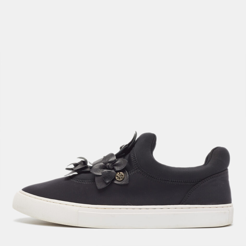 luxury-women-tory-burch-used-shoes-p961492-003 Tory Burch Black Nylon And Leather Blossom Sneakers Size 39.5