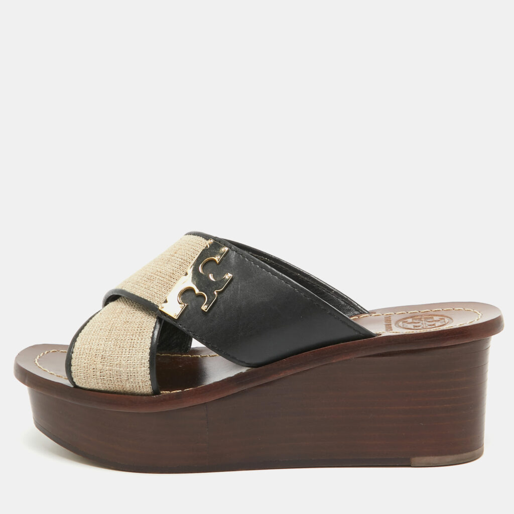 luxury-women-tory-burch-used-shoes-p970273-002 Tory Burch Beige/Black Canvas and Leather Platform Slide Sandals Size 36