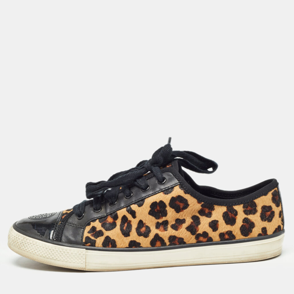 luxury-women-tory-burch-used-shoes-p978399-001 Tory Burch Brown/Black Animal Print Calf Hair and Leather Low Top Sneakers Size 40.5