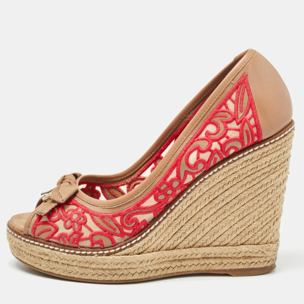 luxury-women-tory-burch-used-shoes-p979475-001 Tory Burch Brown/Pink Leather and Embroidered Fabric Jackie Espadrille Wedge Pumps Size 37.5