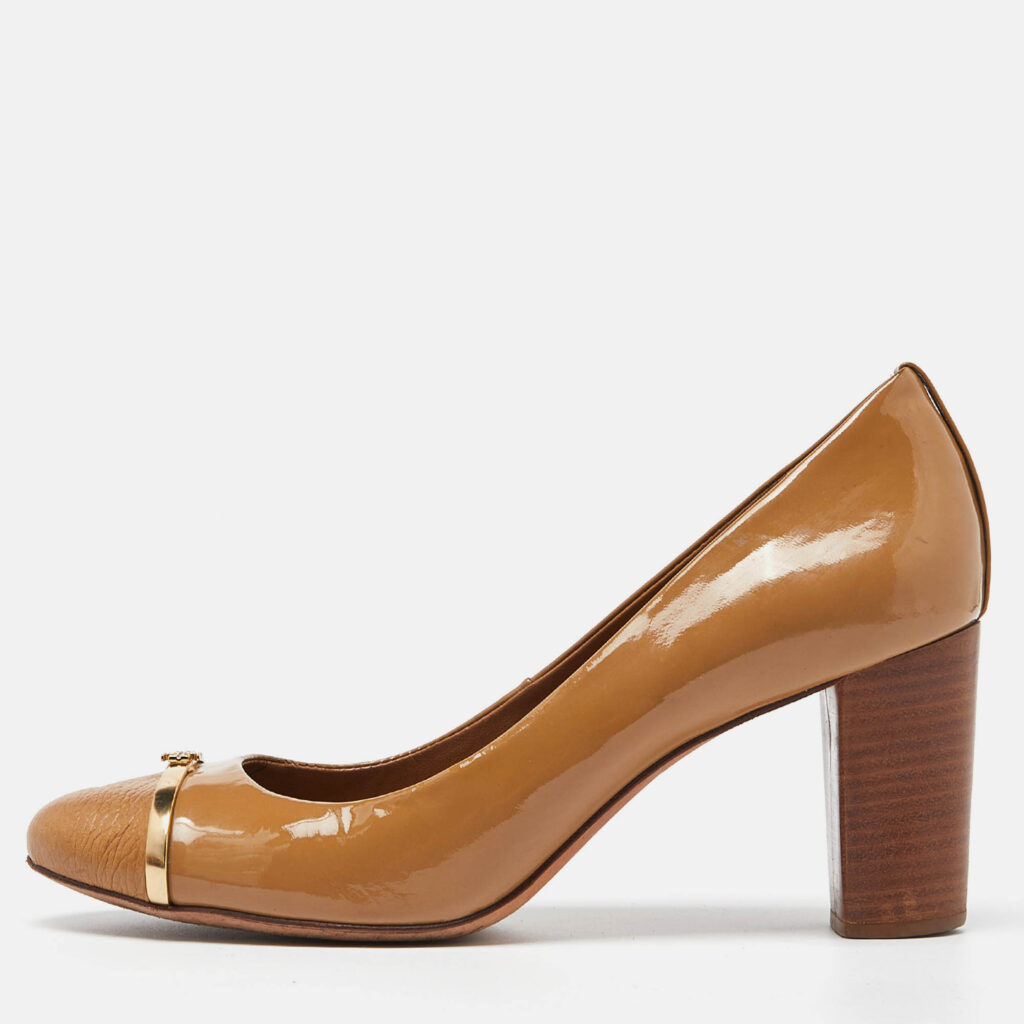 luxury-women-tory-burch-used-shoes-p996000-010 Tory Burch Beige Patent Leather Block Heel Pumps Size 40.5