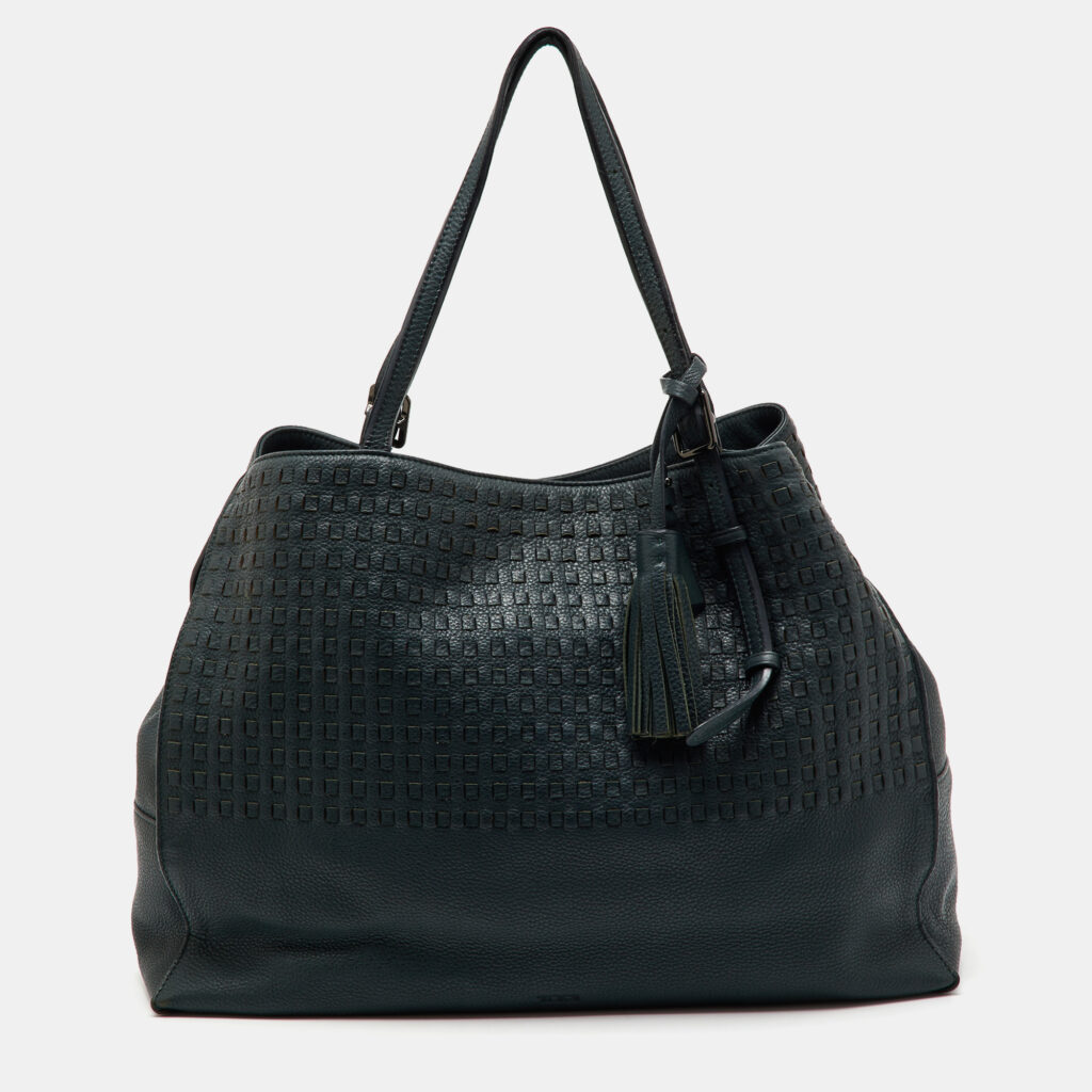 luxury-women-tumi-used-handbags-p1156309-003 TUMI Dark Green Leather Shopper Tote
