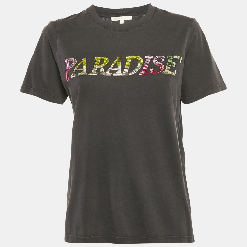 Maje Grey Paradise Embellished Jersey T-Shirt S