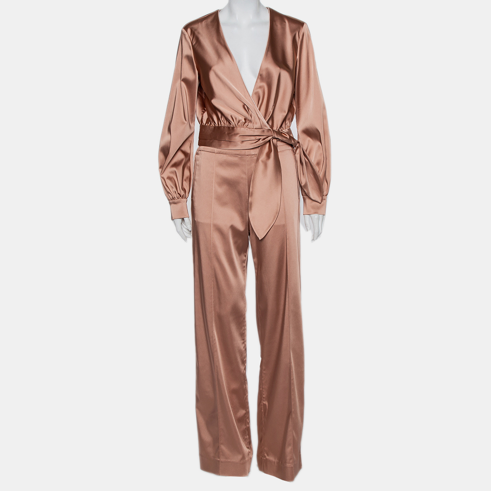 luxury-women-used-clothes-p431425-012 Jonathan Simkhai Salmon Pink Crepe Satin Wrap Crop Top & Wide Leg Track Pants Set M