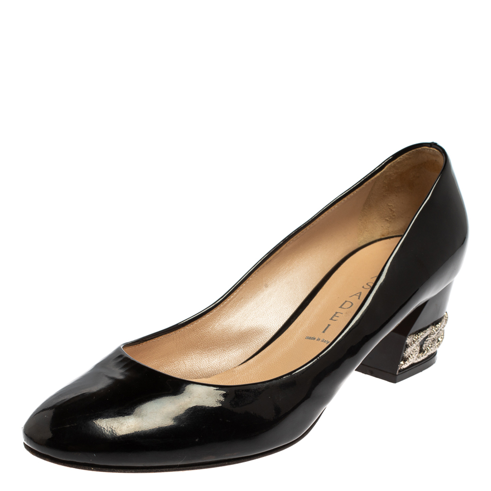luxury-women-used-shoes-p433869-001 Casadei Black Patent Leather Block Heel Pumps Size 39