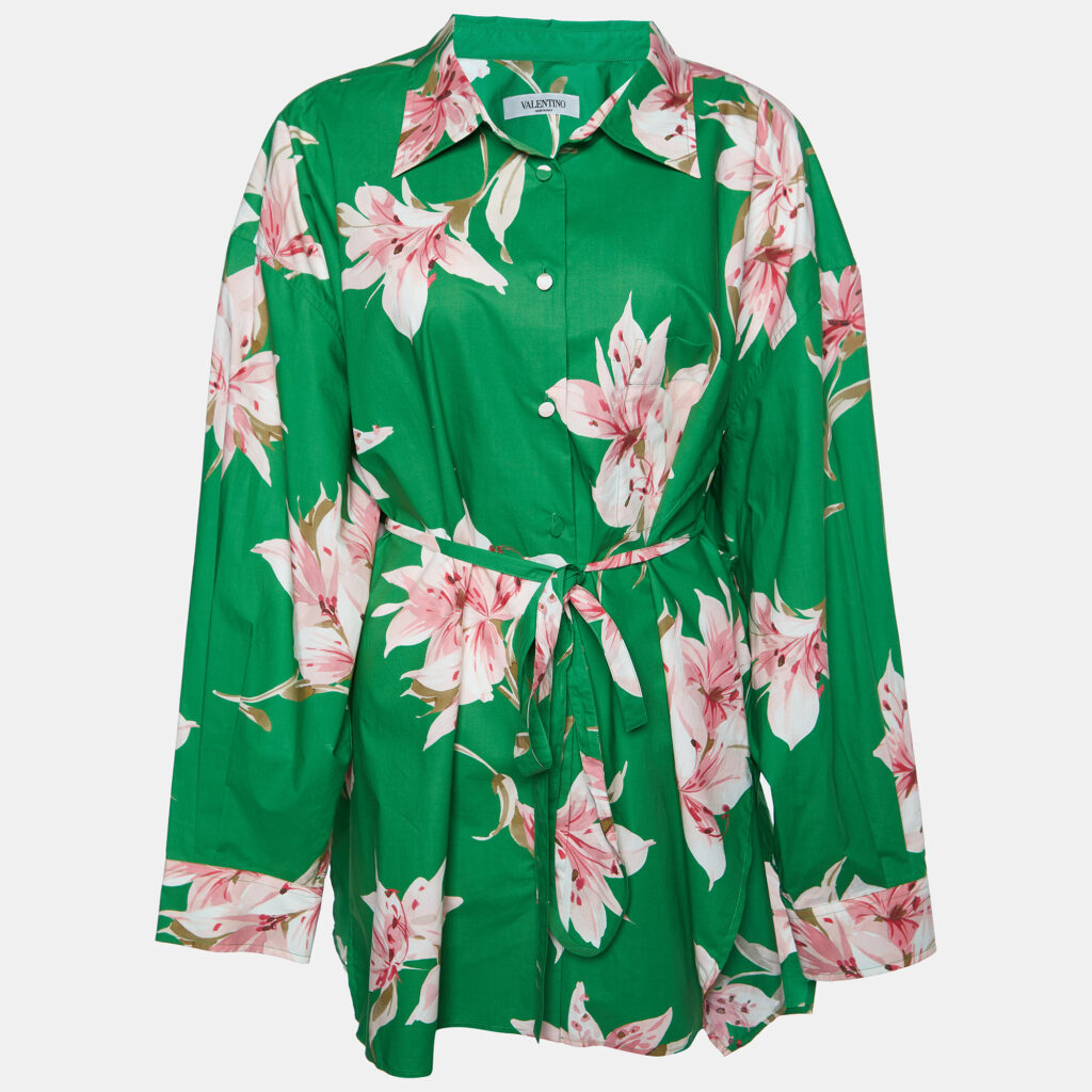luxury-women-valentino-new-clothes-p955192-005 Valentino Green Floral Print Cotton Belted Shirt Dress L