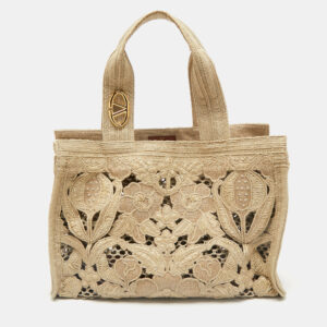Valentino Beige Canvas and Raffia Medium Resort Flower Tote