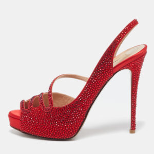 Valentino Red Suede Crystal Embellished Slingback Platform Sandals Size 37.5