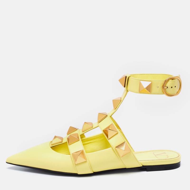 Valentino Lime Yellow Roman Stud Ankle Cuff Flats Size 38