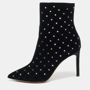 Valentino Black Quilted Velvet Rockstud Pointed Toe Ankle Length Boots Size 37