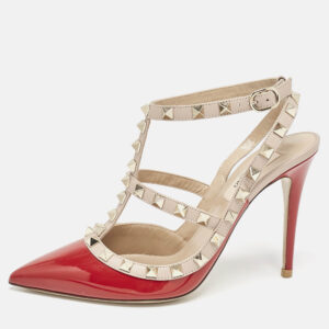 valentino red/beige patent leather rockstud caged ankle strap pumps size 37