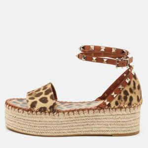 valentino beige leopard print canvas rockstud espadrille platform sandals size 39