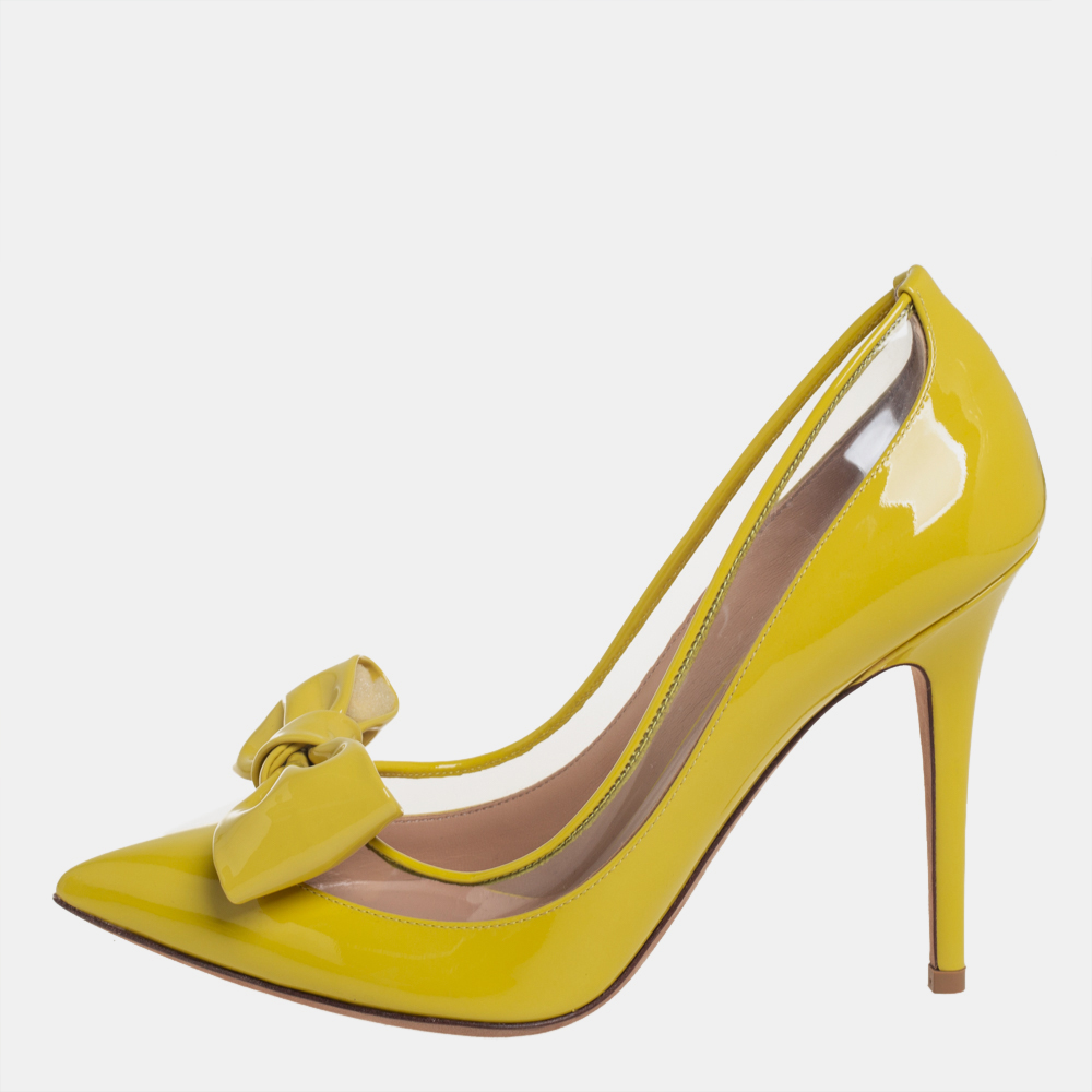 luxury-women-valentino-new-shoes-p431301-013 Valentino Yellow Patent Leather And PVC Bow Pointed Toe Pumps Size 39