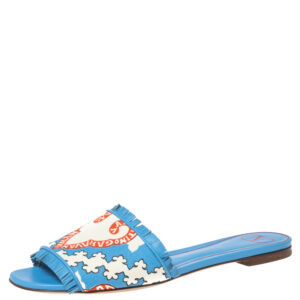Valentino Blue Canvas Flower Palm Leaf Flat Slides Size 39