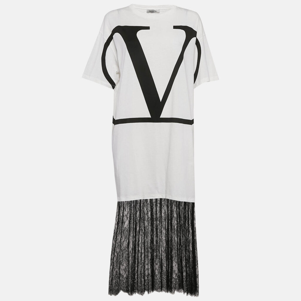 Valentino White Logo Print Cotton Knit and Lace Flared Midi Dress M