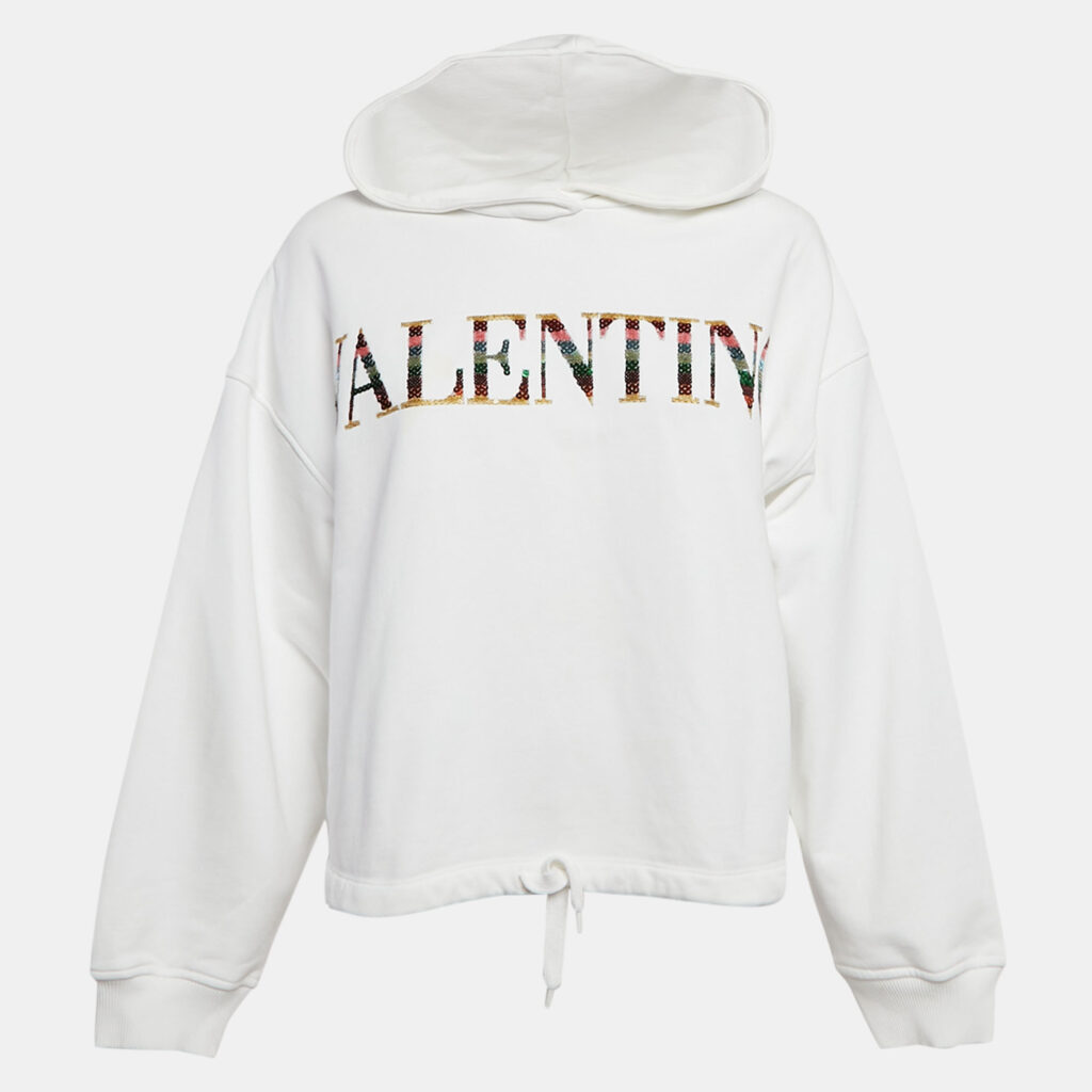 luxury-women-valentino-used-clothes-p1107443-001 Valentino White Logo Sequin Embellished Cotton Knit Hoodie M