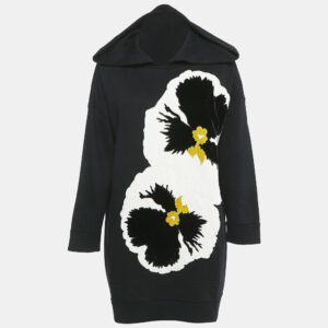 Valentino Black Velvet Pansy Applique Cotton Oversized Hoodie M