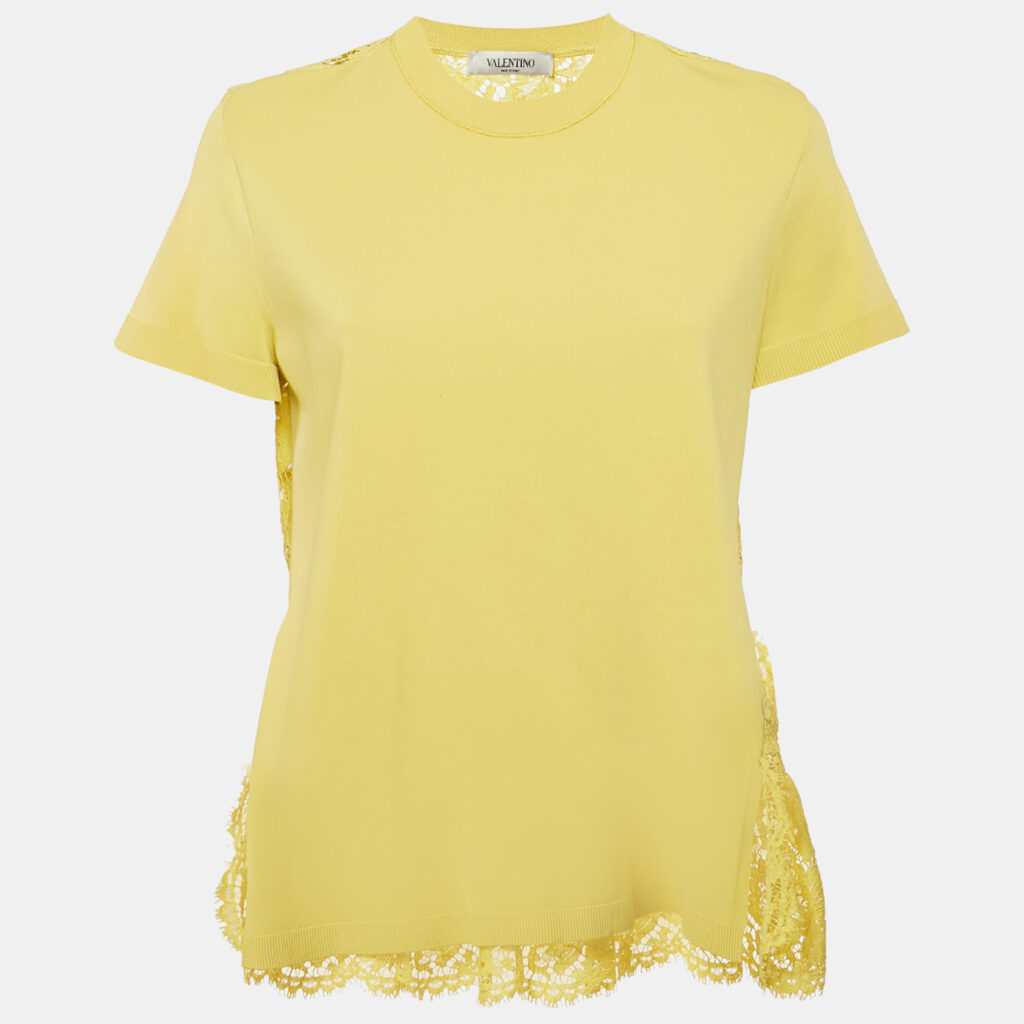 luxury-women-valentino-used-clothes-p1109120-001 Valentino Yellow Lace and Jersey Crew Neck Top M