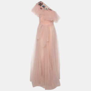 Valentino Pink Tulle Embellished One shoulder Evening Dress L