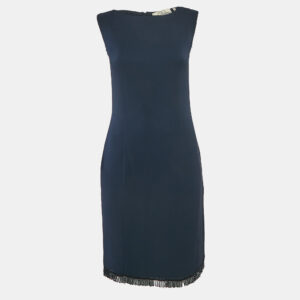 Valentino Navy Blue Crepe Embellished Hem Sleeveless Mini Dress M