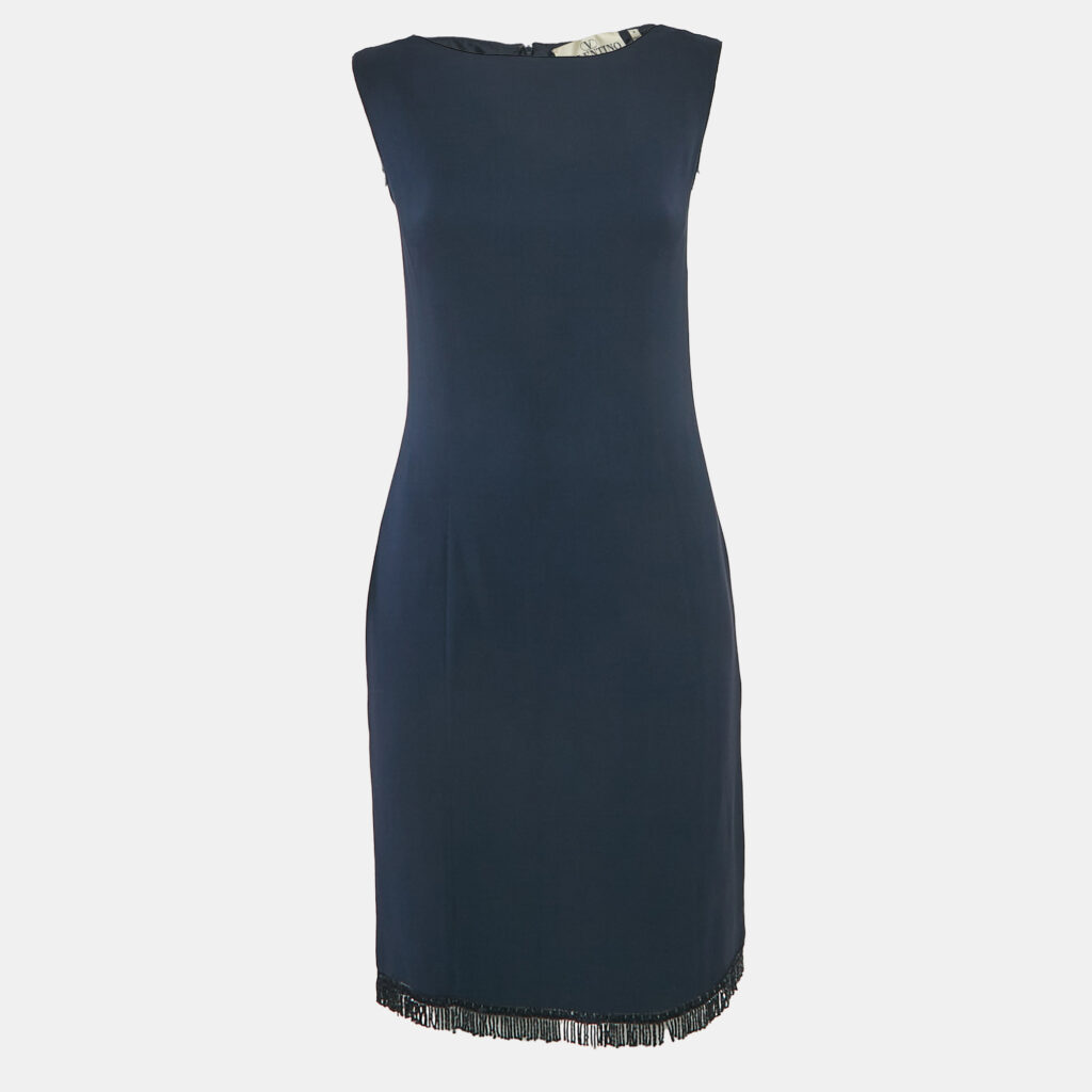 luxury-women-valentino-used-clothes-p1124018-002 Valentino Navy Blue Crepe Embellished Hem Sleeveless Mini Dress M