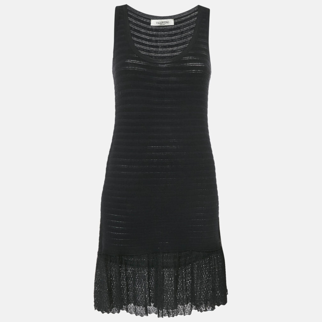 luxury-women-valentino-used-clothes-p1124157-002 Valentino Black Wool Knit Sleeveless Flounce Mini Dress M