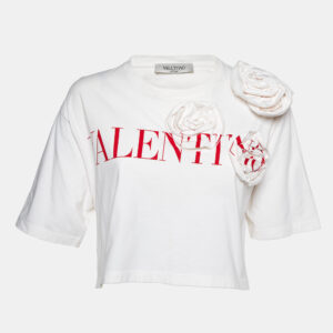 Valentino Off White/Red Logo Print Floral-Applique Top XS