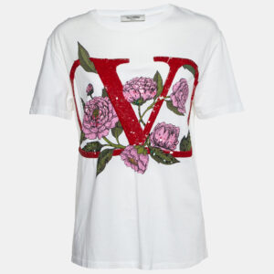 Valentino White V-Logo Embellished Cotton Crew Neck T-Shirt M