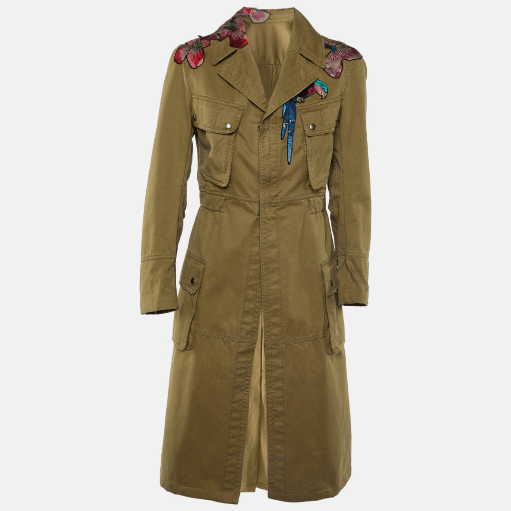 luxury-women-valentino-used-clothes-p1137087-001.jpg Valentino Khaki Brown Applique Detail Zip-Up Coat M
