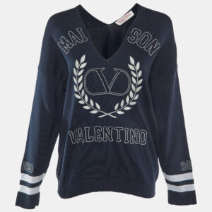 valentino navy blue logo embroidered cotton knit jumper s
