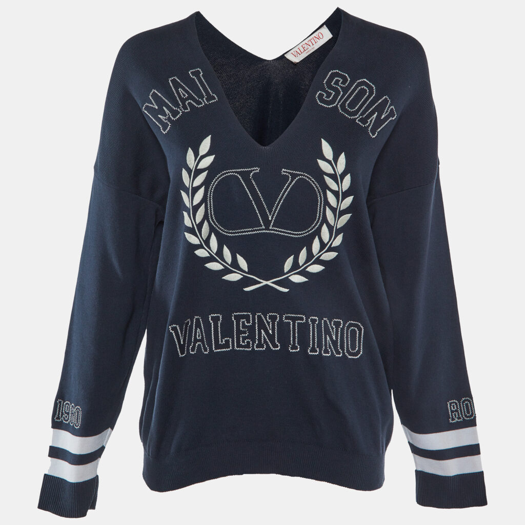 Valentino Navy Blue Logo Embroidered Cotton Knit Jumper S