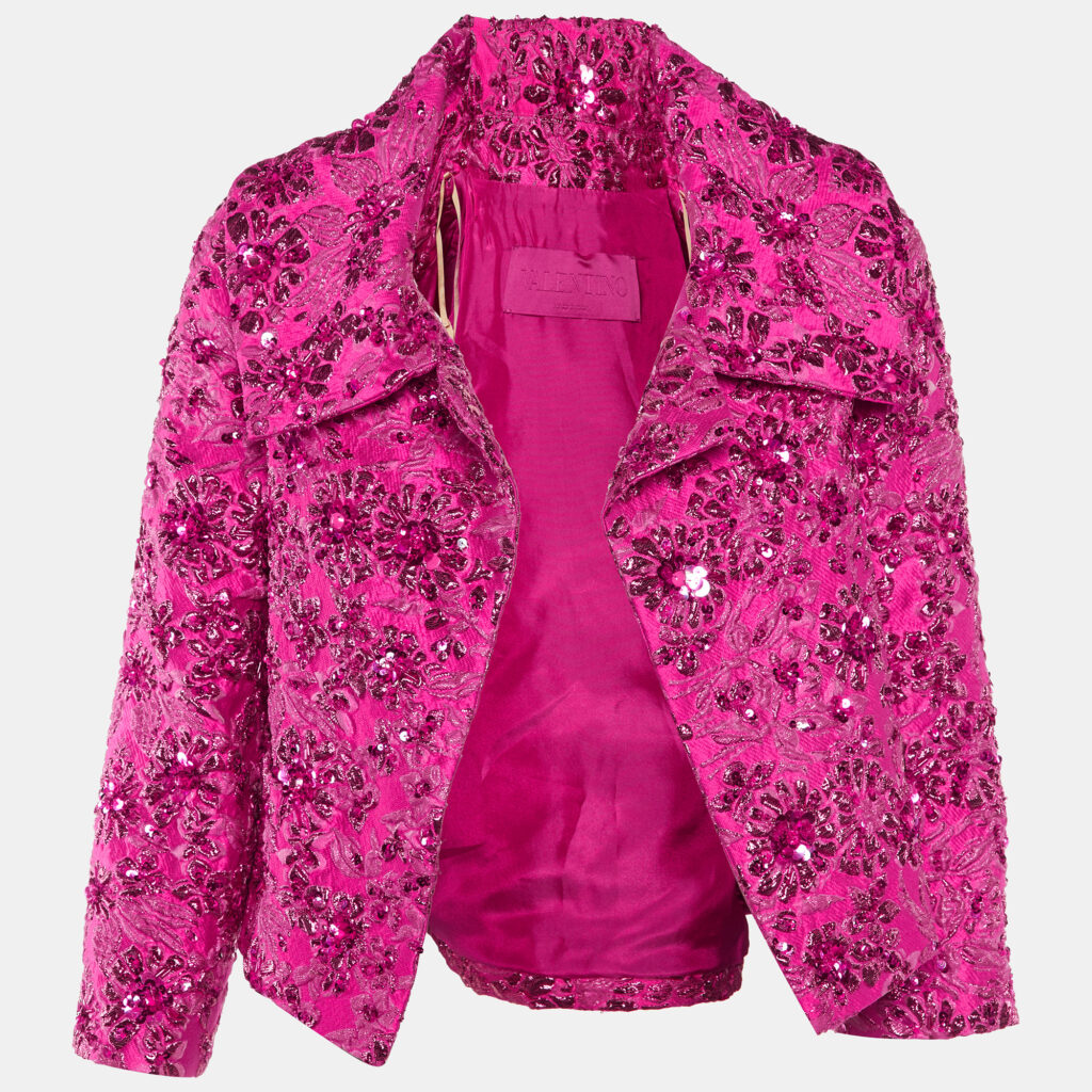 luxury-women-valentino-used-clothes-p1138815-001 Valentino Pink Sequin Embellished Brocade Cropped Jacket S